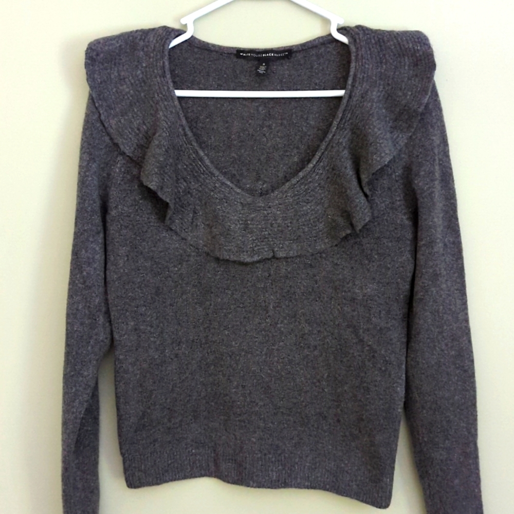 WHBM gray ruffle v neck sweater. Size small.  Never worn.